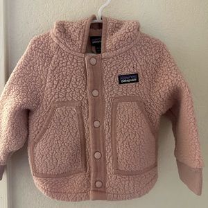 Soft pink Patagonia button-up sweater for toddler 12 months-18 months.